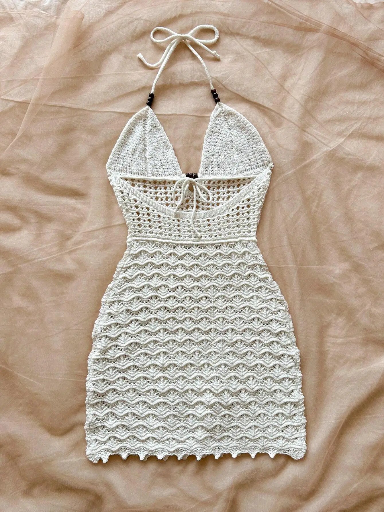 Soleia Summer Sexy V-Neck Hollow-Out Wooden Beads Fitted Dress, Vacation Spaghetti Strap Backless Ombre Knitted Dress, Suitable