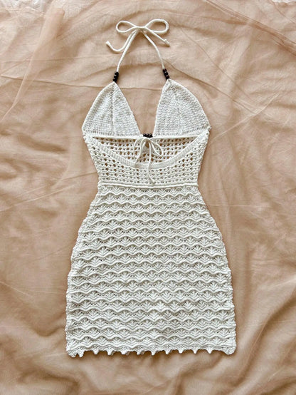 Soleia Summer Sexy V-Neck Hollow-Out Wooden Beads Fitted Dress, Vacation Spaghetti Strap Backless Ombre Knitted Dress, Suitable