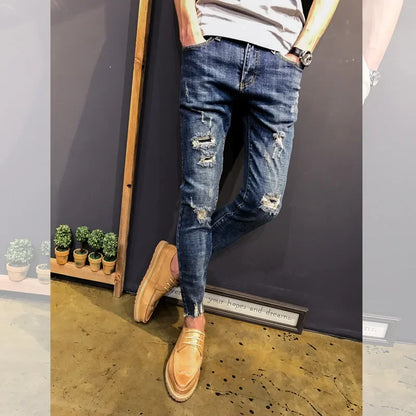 Wholesale 2022 Teenagers Denim Pants Beggar Men\'s Slim-fit Small Feet Frayed Jeans Male Stretch Social Spirit Guy Pencil Pants