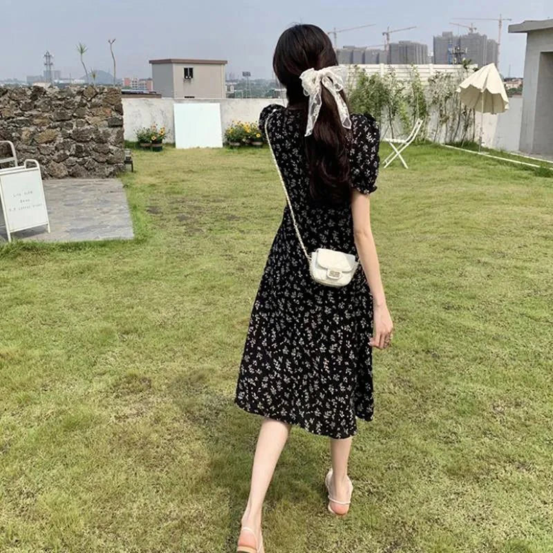 Elegant Floral Midi Dress for Women Korean Chic Printed V-neck Long Dress Female 2023 New Summer Short Sleeve Dresses