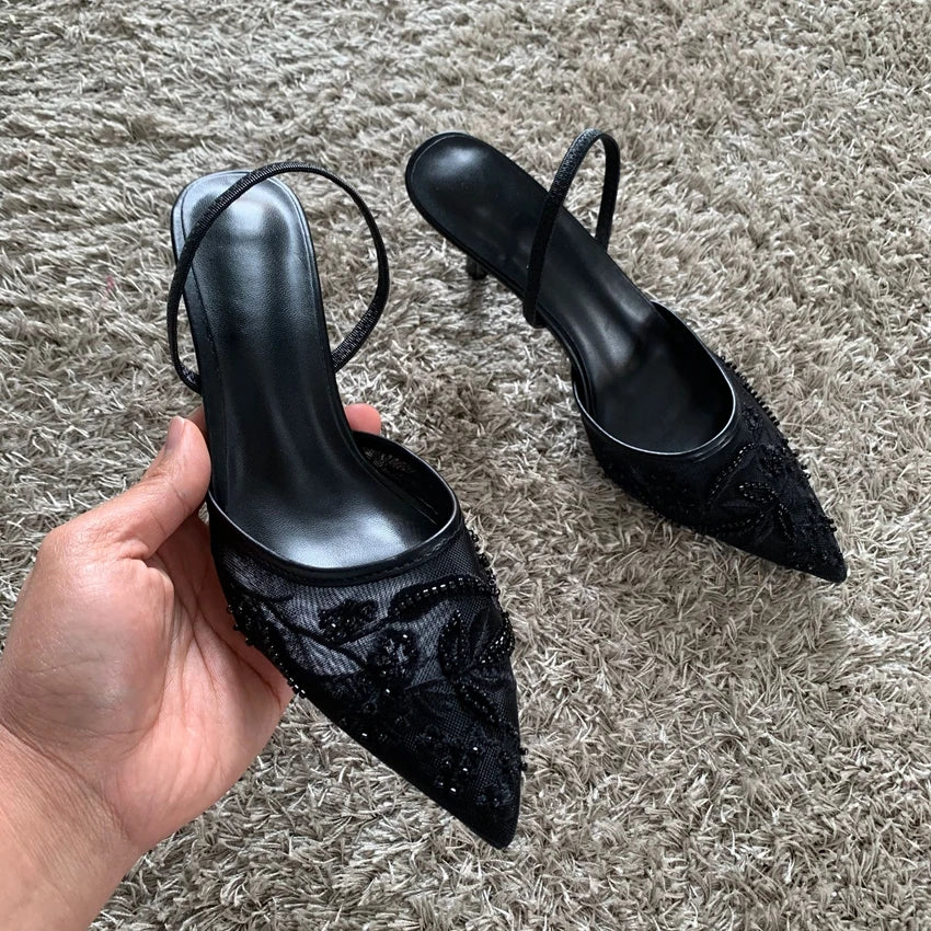 Luxury Brand High Heels Women Sandals Mesh Embroider Elegant Pointed Ladies Slingback Party Wedding Bridal Dress Shoes Woman