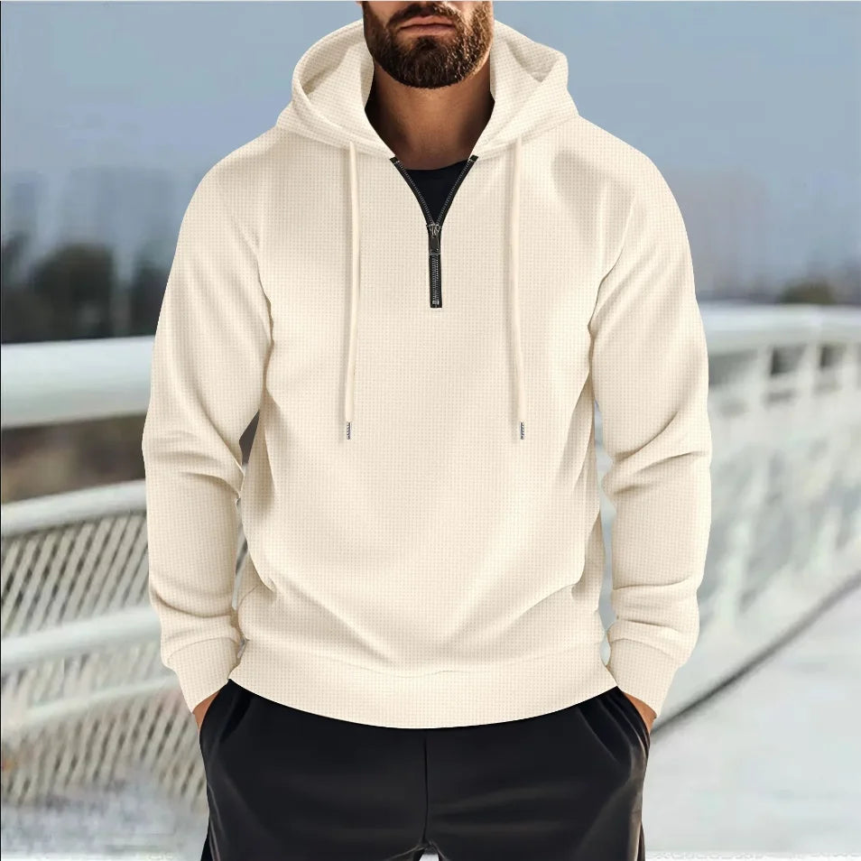 2025 New Style Men's Autumn Fashion Hooded Collar Half-Zip Outdoor Casual Solid Patterned Waffle-Style Sporty Men's Sweatshirt