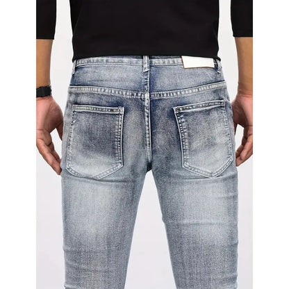 Two tone distressed patchwork jeans for men trendy jeans for summer thin straight leg pants slim fit small leg distressed jeans