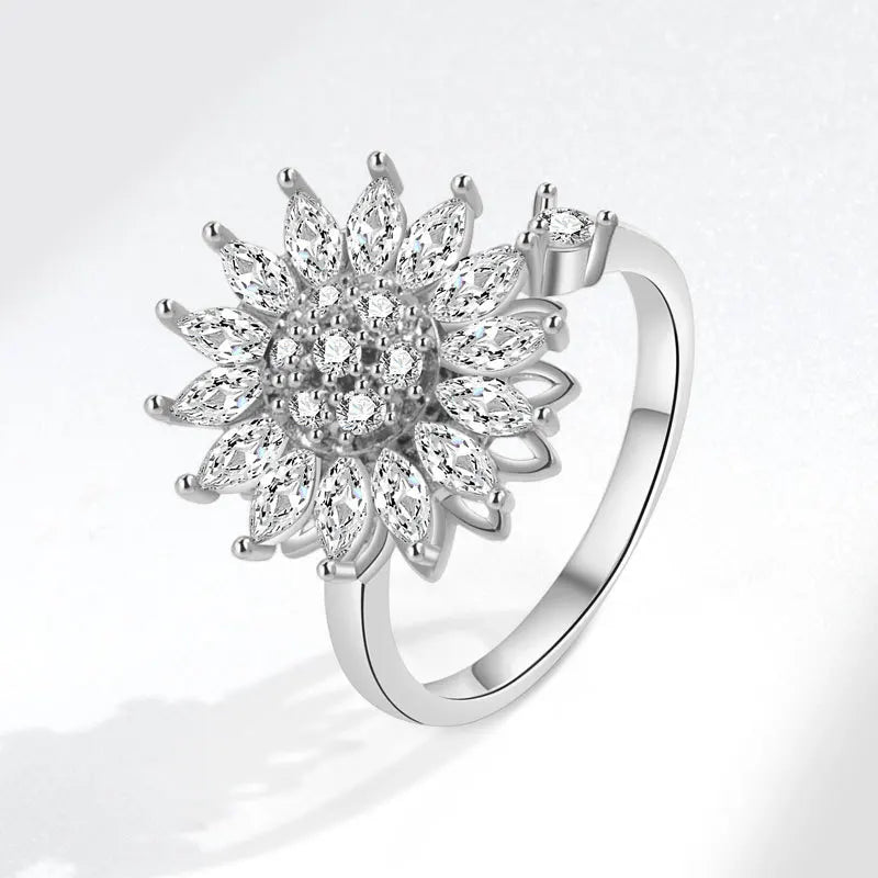 VENTFILLE 925 Sterling Silver Sunflower Diamond Zircon Rotatable Ring For Women Gift Relieve Stress Ring Jewelry Wholesale