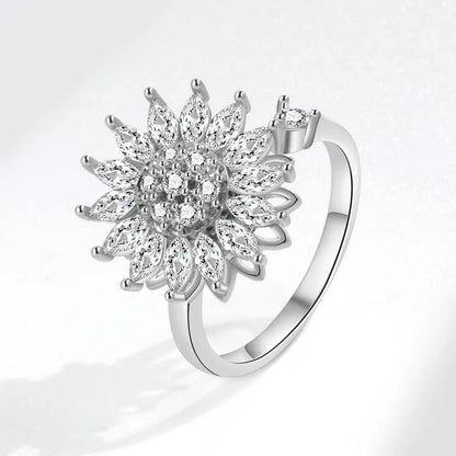 VENTFILLE 925 Sterling Silver Sunflower Diamond Zircon Rotatable Ring For Women Gift Relieve Stress Ring Jewelry Wholesale