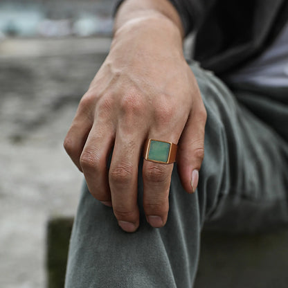 Natural Green Stone Ring for Men Boys,Gold Color Stainless Steel Stamp Ring Thumb Ring Square Ring,Punk Stylish Jewelry Gift