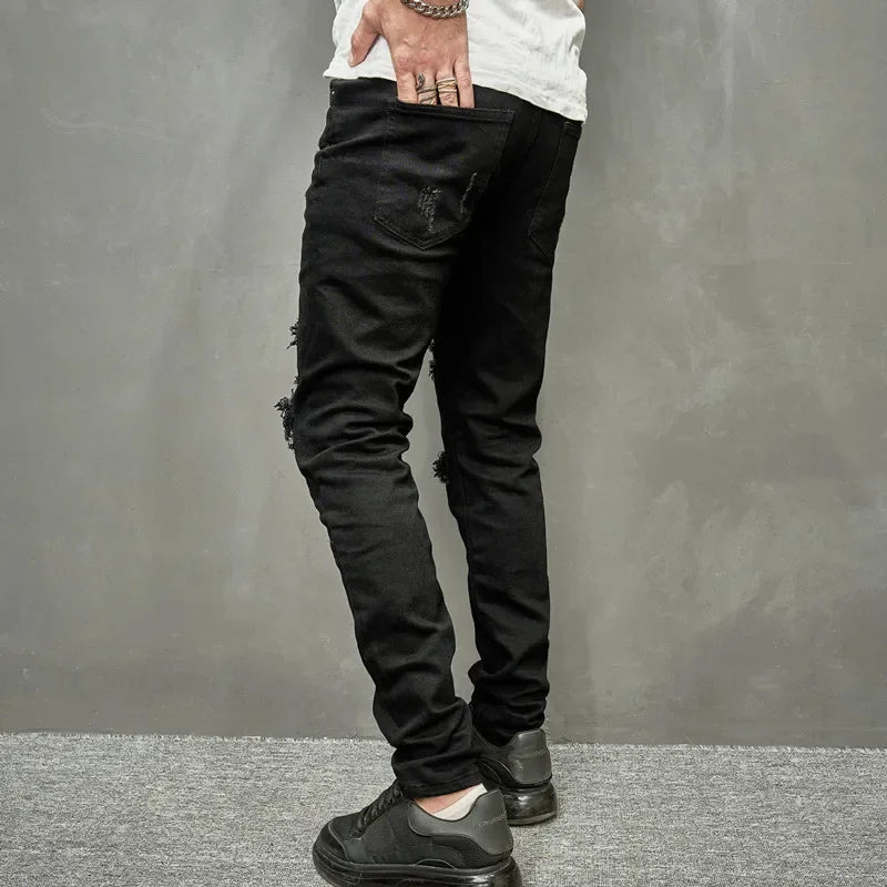 Men Long Pant Denim Pants Jeans Straight Trousers Sheath Slim Fit Pockets Casual Regular High Waist Splice Autumn Winter