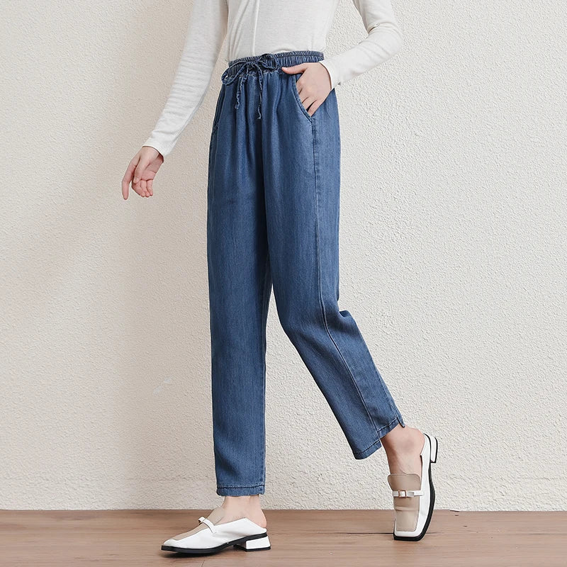 New 2025 Spring Summer Denim Jeans For Women Blue Or Sky Blue Color High Elastic Waist Wild Denim Pants Trousers Hot Sale