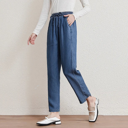 New 2025 Spring Summer Denim Jeans For Women Blue Or Sky Blue Color High Elastic Waist Wild Denim Pants Trousers Hot Sale