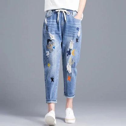 y2k Embroidery Ankle-Length Baggy Jeans Elastic High Waist Capris Lace Up Harem Denim Pants Women Vaquero Oversized 4xl Pantalon