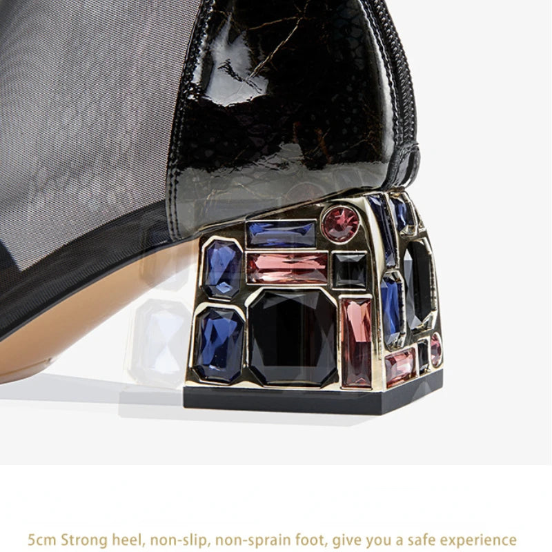 New Mesh Sandals Summer Women's Ankle Boot Mid Heel Rhinestone Toe Shoes Women's heels Luxury Sexy Women