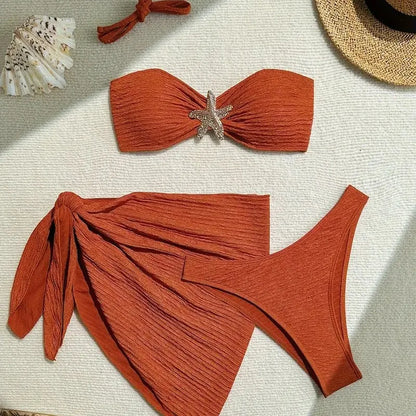 Metal Starfish Brown Bandeau Bikinis Sets 3 Piece Sexy Swimsuits Cover Up Women 2025 Holiday Swimwear High Cut Bather Beach Wear