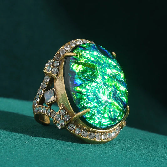 Vintage Green Ring Adjustable Luxury Dubai Jewelry Designer Women Statement Natural Stone Rhinestone Antique Gold Color 2025 New