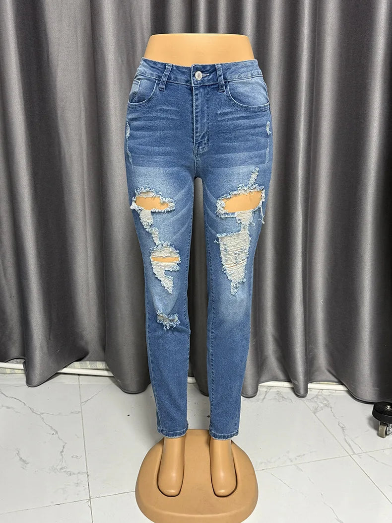 2025 New Fashionable Washed Ripped Nine-inch Jeans, Women's Spring and Summer Personality Street Mid-waisted Small-leg Jeans
