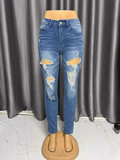 2025 New Fashionable Washed Ripped Nine-inch Jeans, Women's Spring and Summer Personality Street Mid-waisted Small-leg Jeans