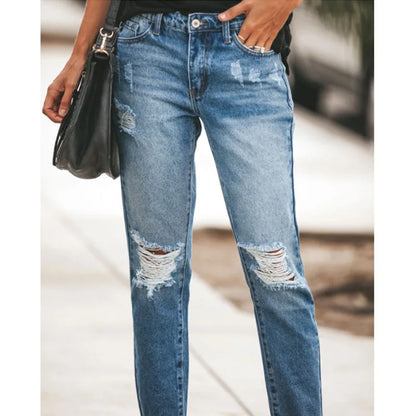 Washed Ripped Straight-leg Jeans. Four Seasons New Fashionable, Personalized, Casual and Comfortable 9-inch Jeans for Ladies