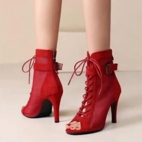 New Noble High Quality Jazz Dance Shoes for Women's Sexy Red  Heels Ankle Boots Peep Toe Zipper Indoor Dancing  Sandals