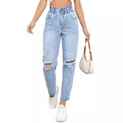 Japan and South Korea Casual Washed Ripped Jeans for Women Spring and Summer New Fashion Straight Nine Minutes of Pants Women