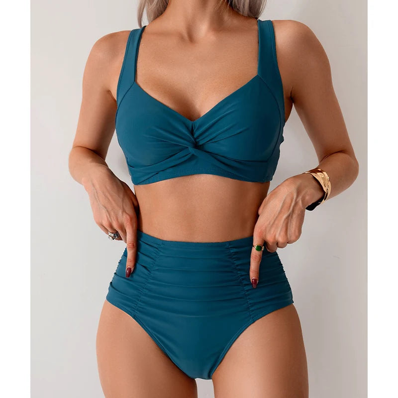 Elegant Solid Swimsuit Women Sexy Slim Pleated High Waist Bikini Split Bathing Suit 2025 New Simple Classic Beachwear Swimwear