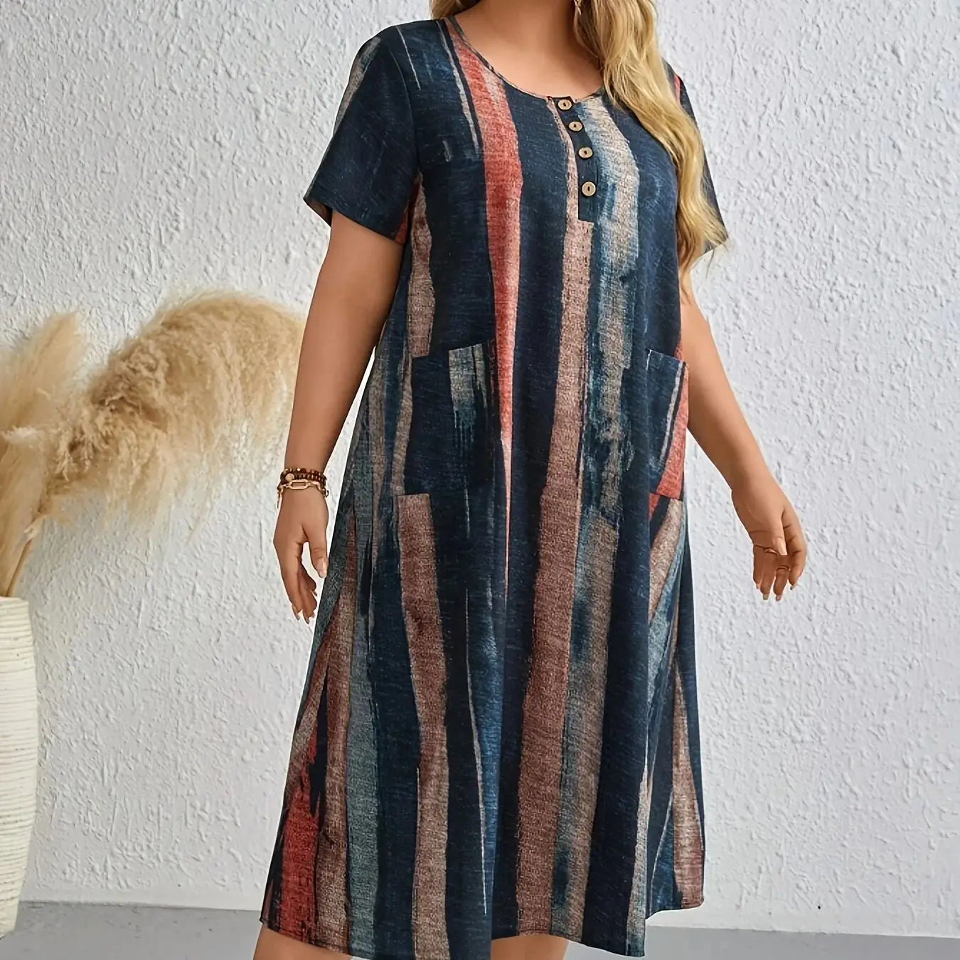 Plus-size women's multi-colored sleeveless round-neck printed dress, suitable for spring/summer/fall - oversized turtleneck styl