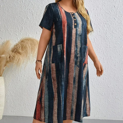 Plus-size women's multi-colored sleeveless round-neck printed dress, suitable for spring/summer/fall - oversized turtleneck styl