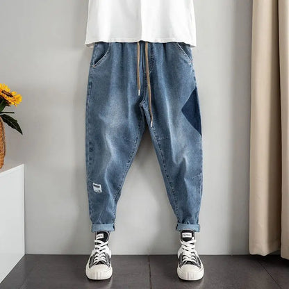 Trendy Harajuku Fashion Korean Men's Drawstring Denim Jeans Casual Pants with Patchwork and Loose Fit Kpop Baggy Cargo Trousers