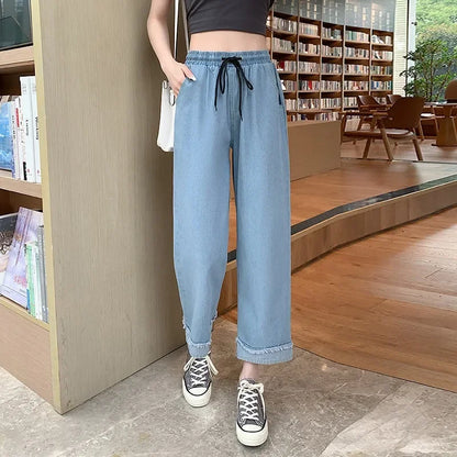 High Waist Straight Leg Casual Denim Pants Loose Wide Leg Crop Jeans Plus Size Comfortable Trousers For Women