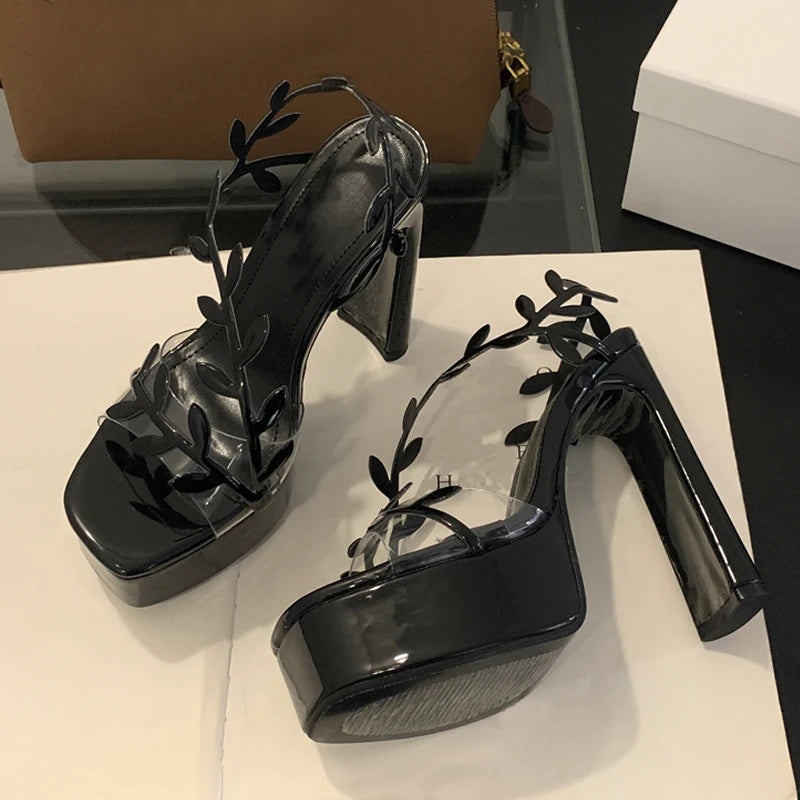 Liyke Summer Fashion Patent Leather Gold Leaf Women Sandals Elegant Square Toe Platform High Heels Wedding Banquet Shoes Size 42