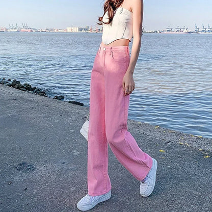 Loose Wide Leg Jeans Women's New Style Pink High Waist Slimming Floor Length Vibe Wind Summer Jeans Casual Comfortable Fit