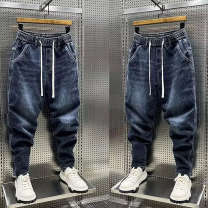 High Quality New 2024 Luxury Designer Casual Loose Drawstring Denim Jeans Men Full Length Wide Leg Streetwear Cowboy Harem Pants