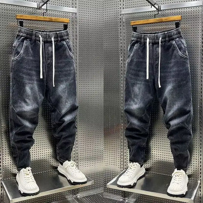 High Quality New 2024 Luxury Designer Casual Loose Drawstring Denim Jeans Men Full Length Wide Leg Streetwear Cowboy Harem Pants