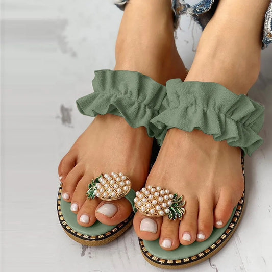 2025 Women Slipper Pineapple Pearl Flat Toe Bohemian Summer Beach Sandals Ladies Shoes plus size Mujer Verano