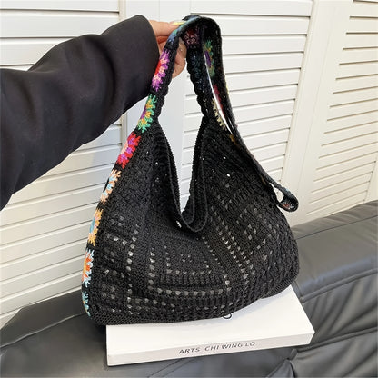 Women's Boho Crochet Bag Designer Flowers Knitted Handbags Large Capacity Summer Beach Woven Shoulder Bag Girls Tote Shopper Bag