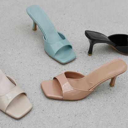 New Summer New Slippers Women  Trend Sexy Large Size Square Toe Thin Heels Shoes Ladies Casual Slippers Heel zapatos 35-42