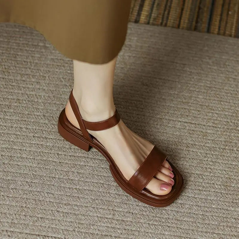 2025 Summer Women Sandals Low Heels Basic Genuine Leather Concise Office Plus Size 35-42 Ladies Casual Outdoor Shoes