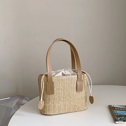 Women's Leisure Grass Woven Handbag Drawstring Bucket Shoulder Crossbody Bag FemaleTravel Bohemian Vacation Beach Bag