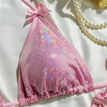 Pink Shiny String Halter Micro Bikini Thong 2025 Sexy Swimsuit Women Holiday Bow Swimwear Bathing Suit Triangle Bikinis Sets