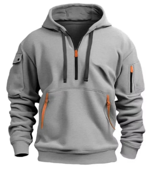 New autumn and winter high-value hoodie with warm and unique solid color pockets, men's hooded zipper sports casual top