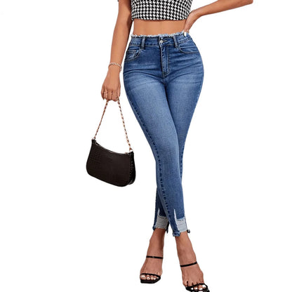 European and American Style High-waisted, Ripped Stretch Denim Long Pants for Women, Tight, Hip-lifting, Small-leg Pencil Jeans