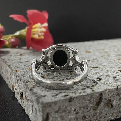 S925 Sterling Sliver Women's Ring with Natural Black Agate Moonstone Stone Hollowed-out 925 Sliver Fine Jewerly Rings for  Women