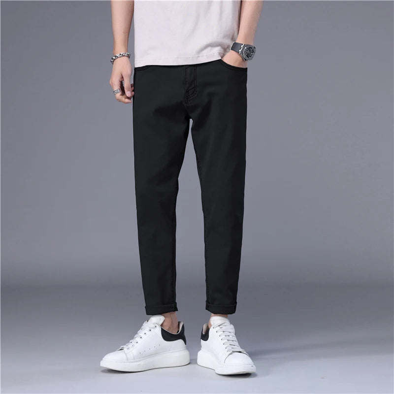 Summer Thin Men's Jeans Korean Style Blue Black Solid Color Stretch Straight Stylish Slim Fit Foot Denim Cropped Pants Male