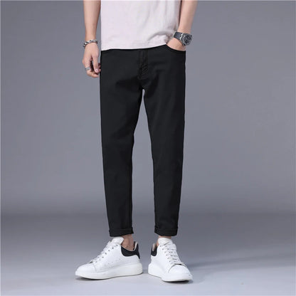 Summer Thin Men's Jeans Korean Style Blue Black Solid Color Stretch Straight Stylish Slim Fit Foot Denim Cropped Pants Male