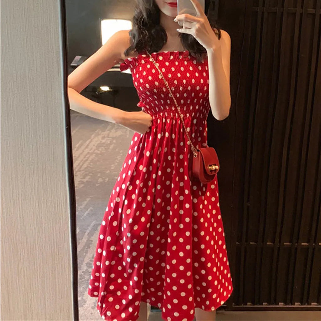 Sexy Off Shoulder Polka Dots Midi Dress Women 2024 Summer Casual High Waist Elegant Office Laides Dresses For Women