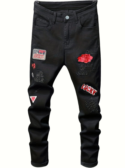 Men's slim fit jeans embroidered elastic straight leg denim pants