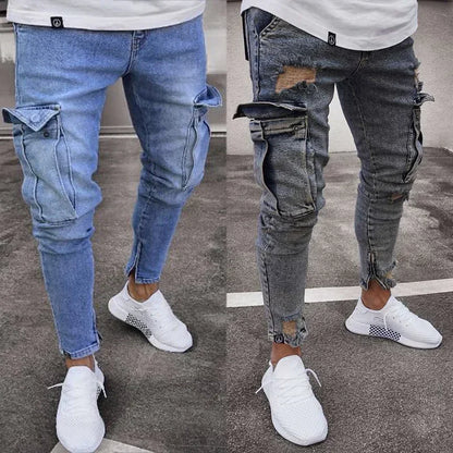 Men Jeans Washed Pencil Pants Mid Waist Denims Vintage Pockets Button Zipper Fly 2025 Casual Basics Ankle Length Trousers Man
