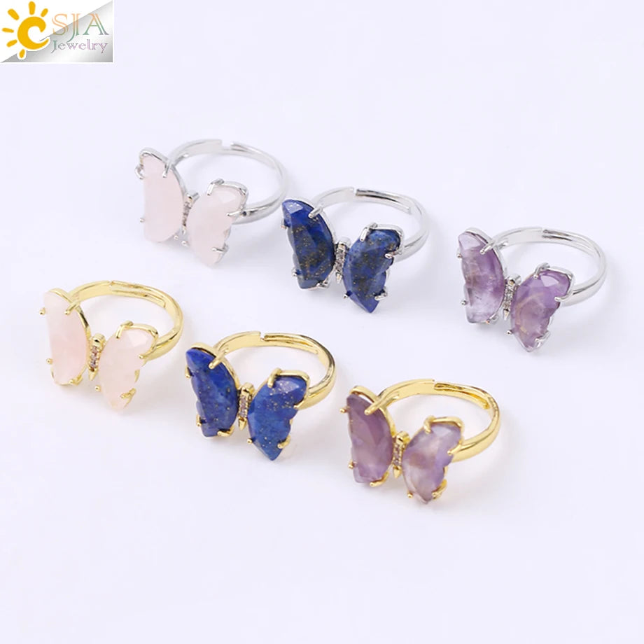 Gold Color Crystal Ring Natural Gemstone Butterfly Rings for Women Amethysts Lapis Lazui Pink Quartz Adjustable Engagement  H125