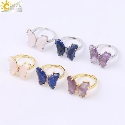 Gold Color Crystal Ring Natural Gemstone Butterfly Rings for Women Amethysts Lapis Lazui Pink Quartz Adjustable Engagement  H125