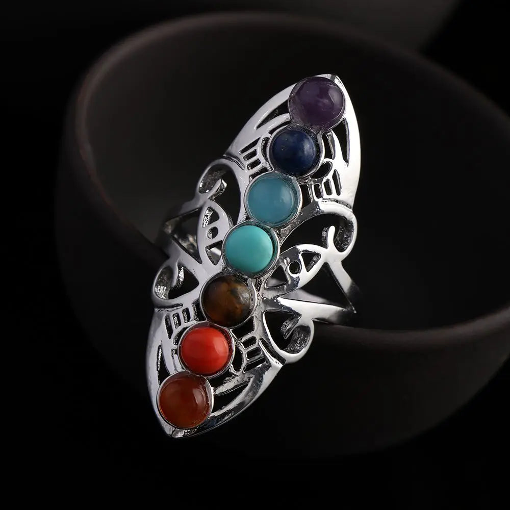 7 Chakra Stone Bead Finger Rings Silver Plated Hollow Flower Adjustable Ring Reiki Balance Meditation Healing Gem Ring Jewelry