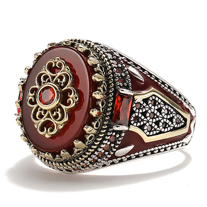 2025 Vintage Carved Pattern Red Zircon Stone Rings For Men Accessories Anniversary Party Gift Fashion Jewelry Handmade Men Rings