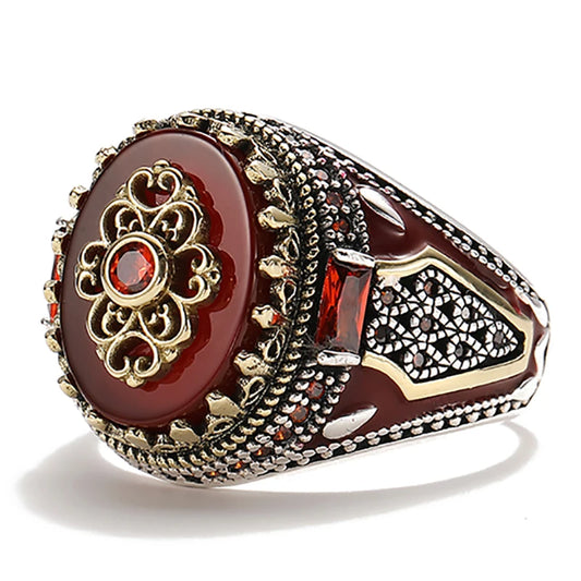 2025 Vintage Carved Pattern Red Zircon Stone Rings For Men Accessories Anniversary Party Gift Fashion Jewelry Handmade Men Rings
